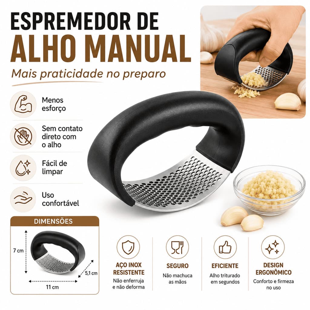 Espremedor Triturador de Alho Inox Cabo Ergonômico Premmium