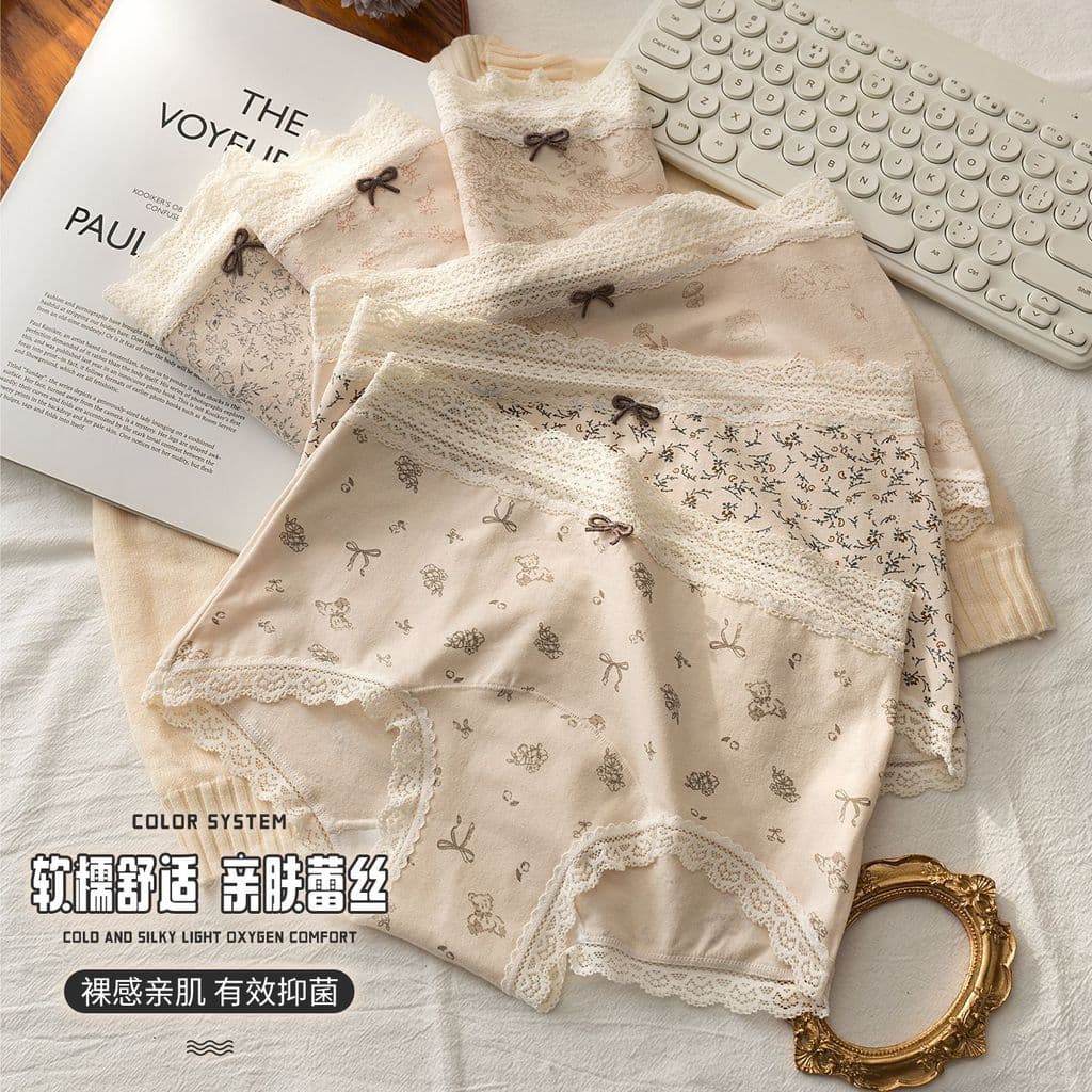 ((Pacote de 3) Roupa íntima feminina de algodão Boxer Floral Calças de cintura média alta Alongadas e alargadas Roupa ín
