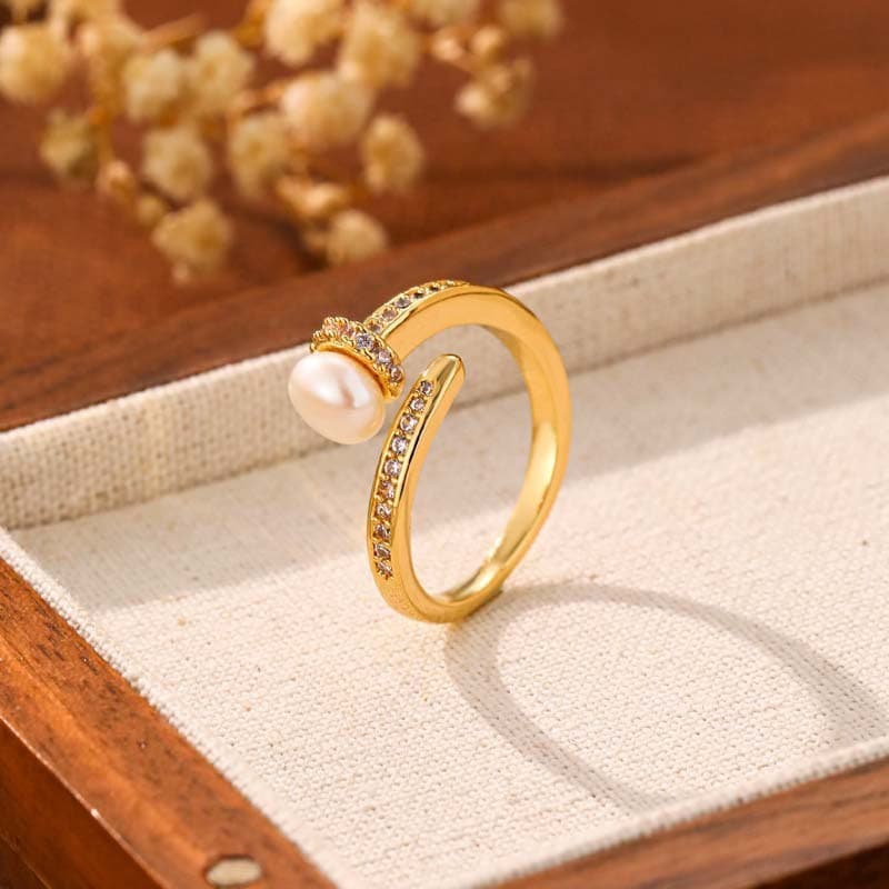 Luz de luxo High-End sentimento anel de pérola de água doce Micro-conjunto zircão Design de moda ajustável aberto anel f