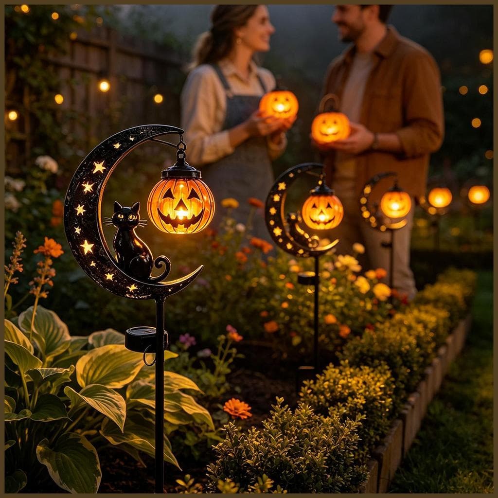 Halloween Luzes Solares Ao Ar Livre Metal Auto Em Lanterna Decorações Gato Preto Lua Abóbora Luz Solar sentanebr