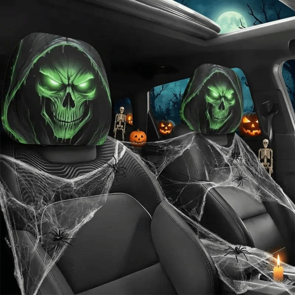 PCHOBER 2 Peças De Capas De Encosto De Cabeça De Carro De Halloween , Protetores Assento Com Padrão De Caveira Respiráve
