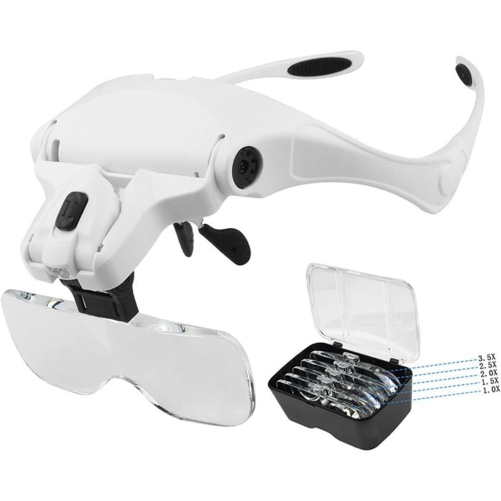 2 lâmpadas de aumento com LED, 5 lentes de aumento: 1.0x, 1.5x, 2.0x, 2.5x, 3.5x
