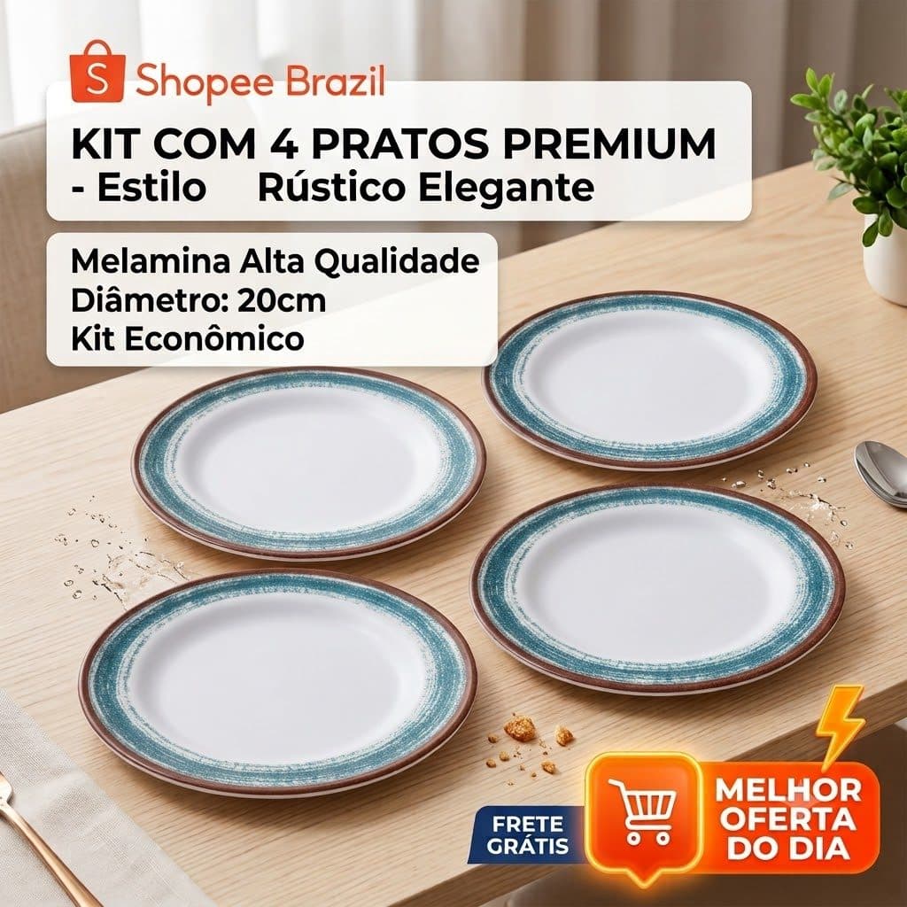 Jogo com 4 Pratos Rasos Melamina 20cm Kit Prato Plástico Rígido Decorado Sobremesa Petiscos Resistente Cozinha