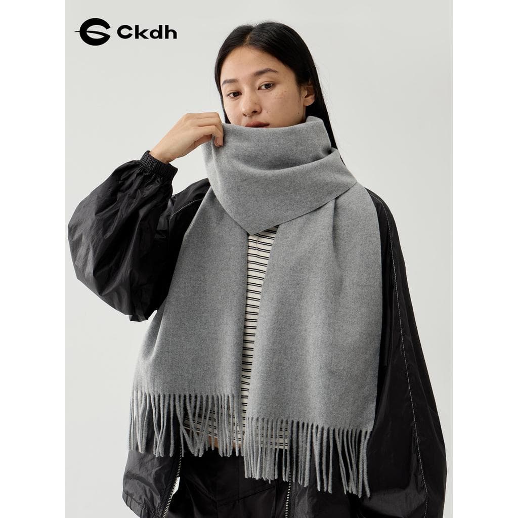 CKDH lã misturada cachecol feminino cinza All-Match borla borda outono inverno casal quente cor sólida babador grande xa