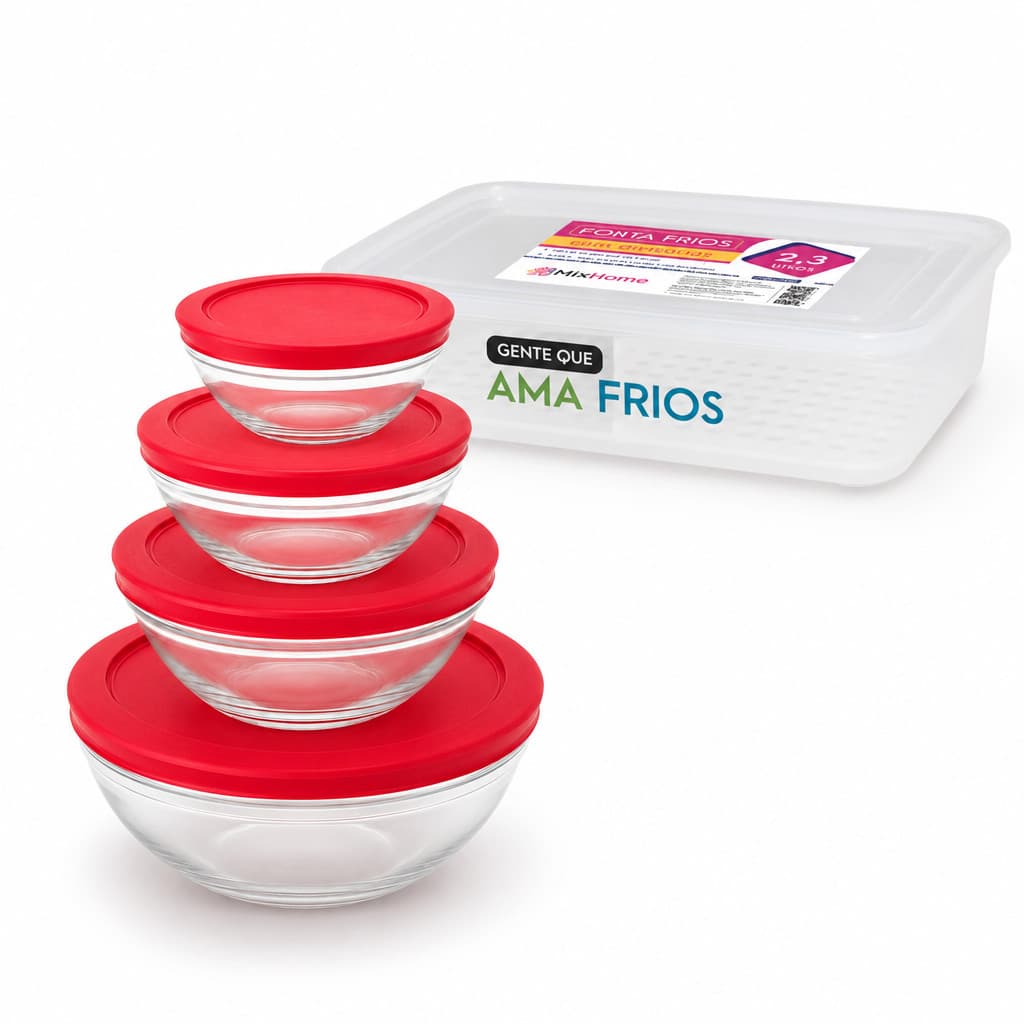 Kit Geladeira Organizada: Organizador de Frios Xplast + Conjunto 5 Potes de Vidro