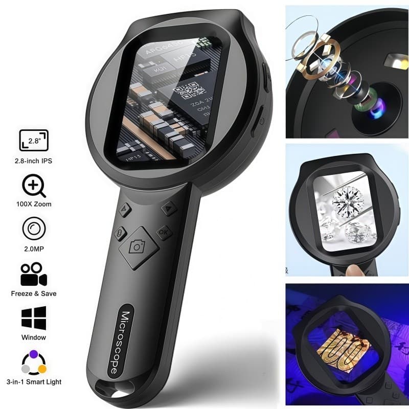 Microscópio Lupa Digital 2.8'Tela IPS 15 LEDs Suporta/Ideal Para Identificação De Moedas E Joias