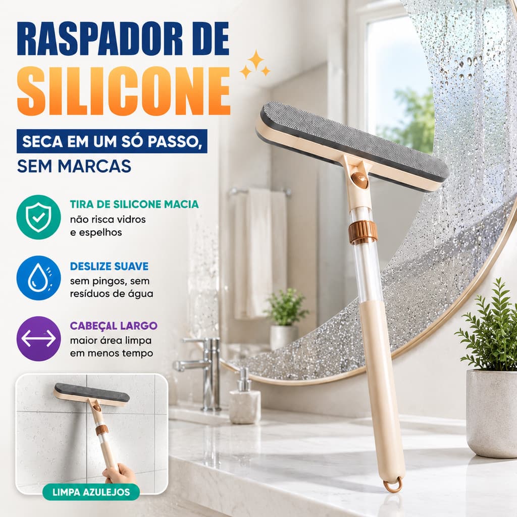 Rodo Limpa Vidros Telescópico 5 em 1 com Escova Dupla Face e Cabo Ajustável para Janelas Box Espelhos e Trilhos