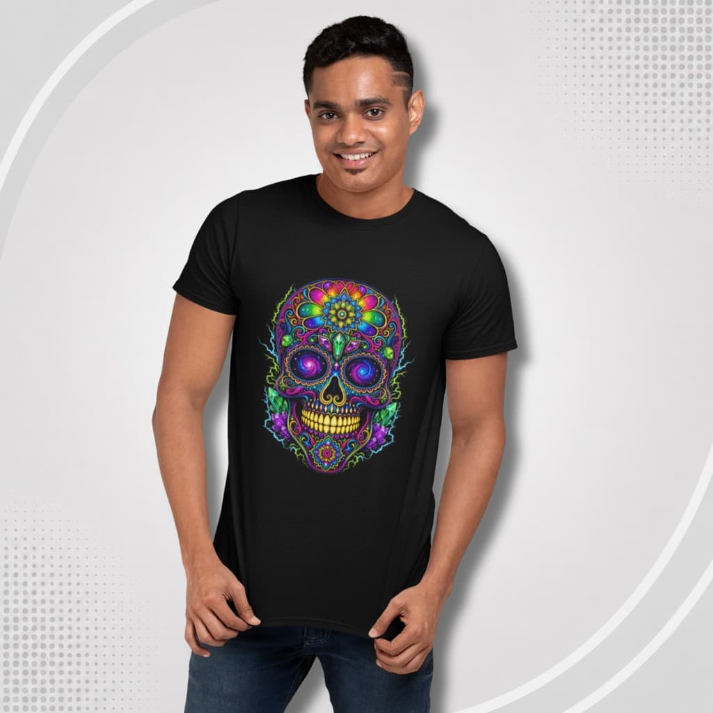 Camiseta Caveira Neon Roxa e Verde – Skull Colorida Unissex Premium