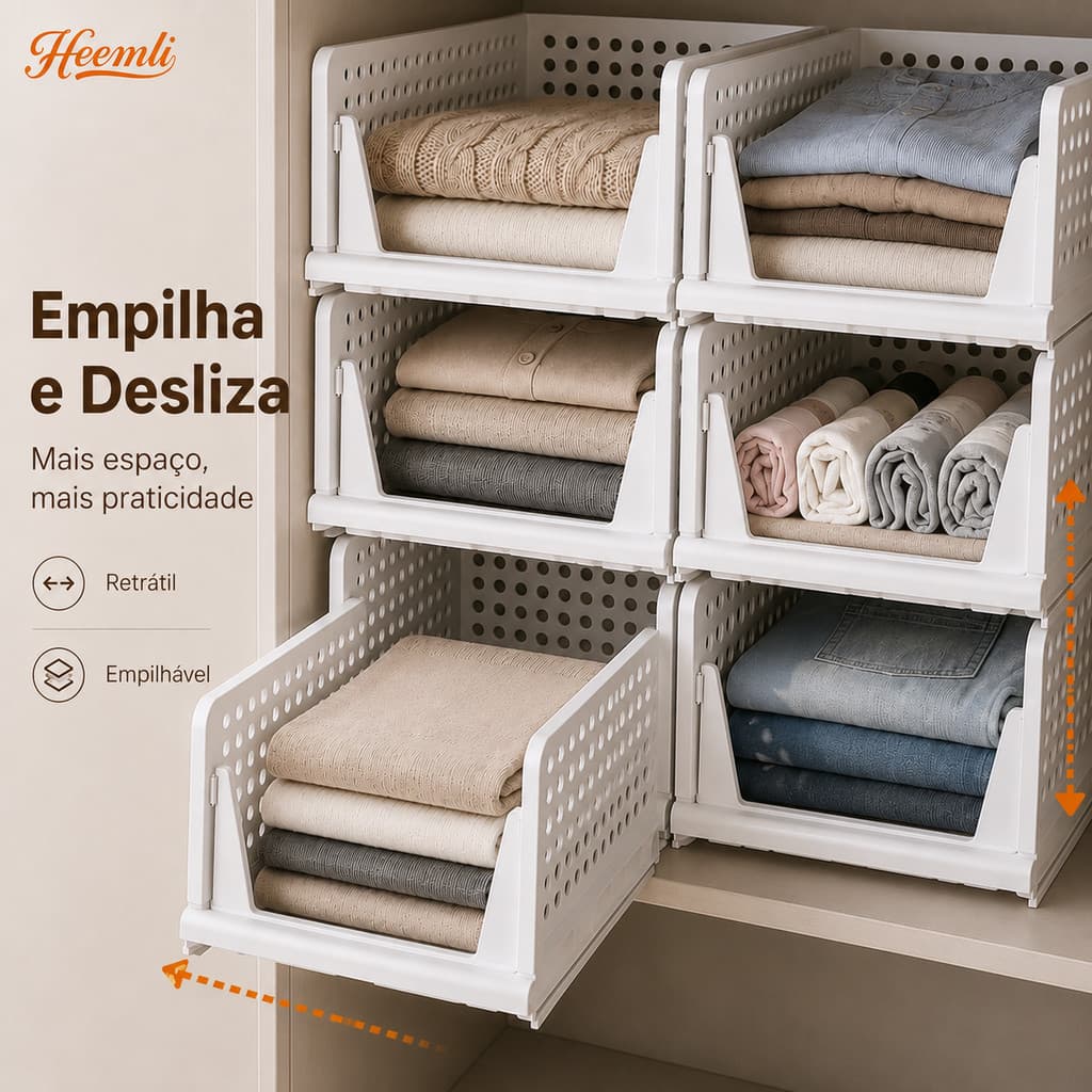 Cesto Organizador Dobrável Empilhável para Guarda-Roupa com Acesso Deslizante Heemli