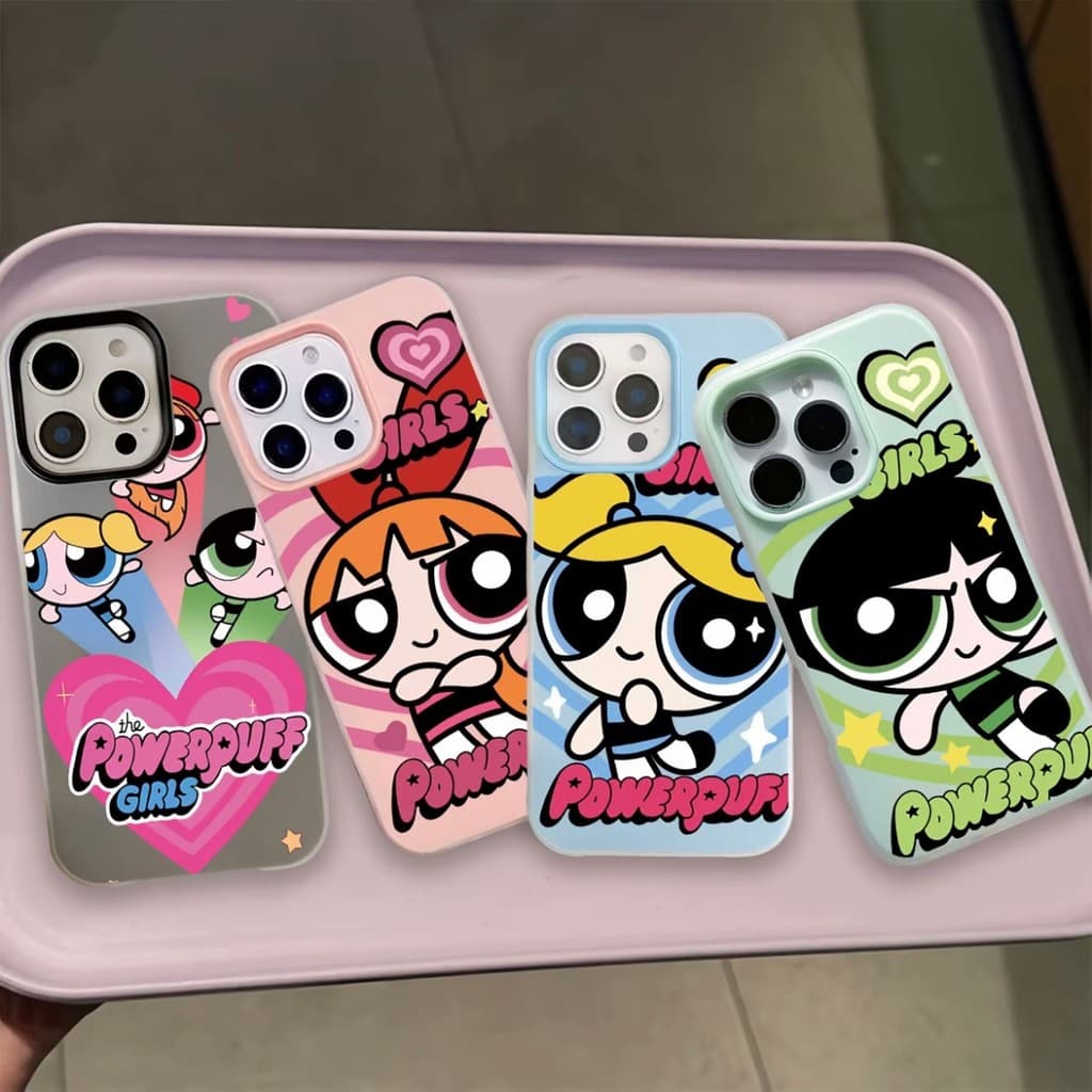 Capinha para iPhone 17/16/15/14/13/12 Pro Max  Capa cartoon simples powerpuff girls com corações várias cores