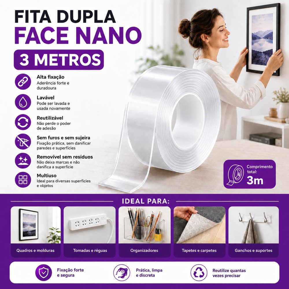 Fita Nano Dupla Face 3 Metros Lavável Reutilizável Cola Tudo Transparente Alta Fixação