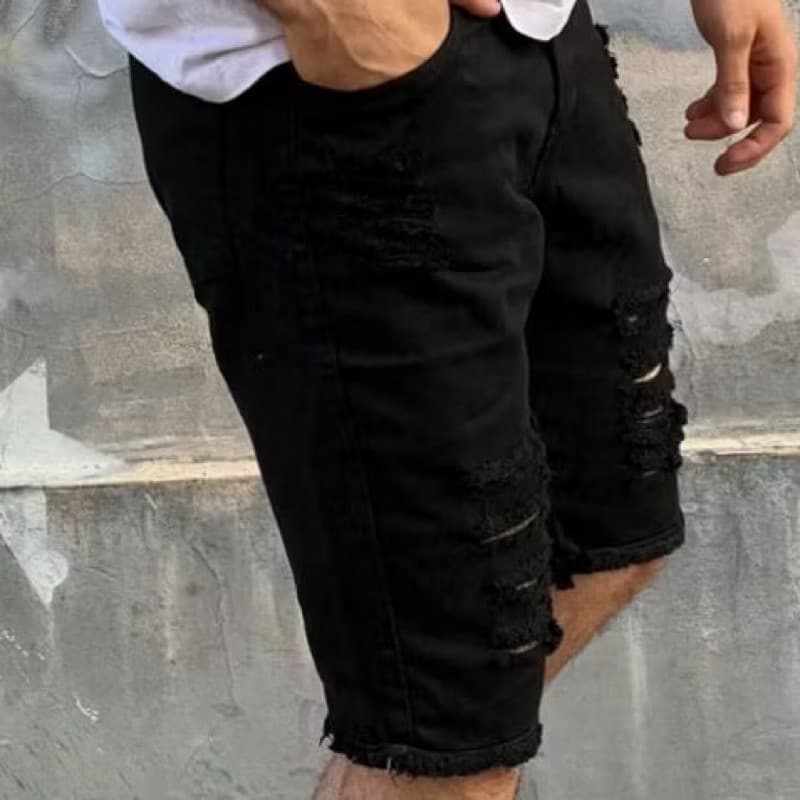 Bermuda Jeans Masculina Rasgada Preta e Branca Moda Verão Confortável