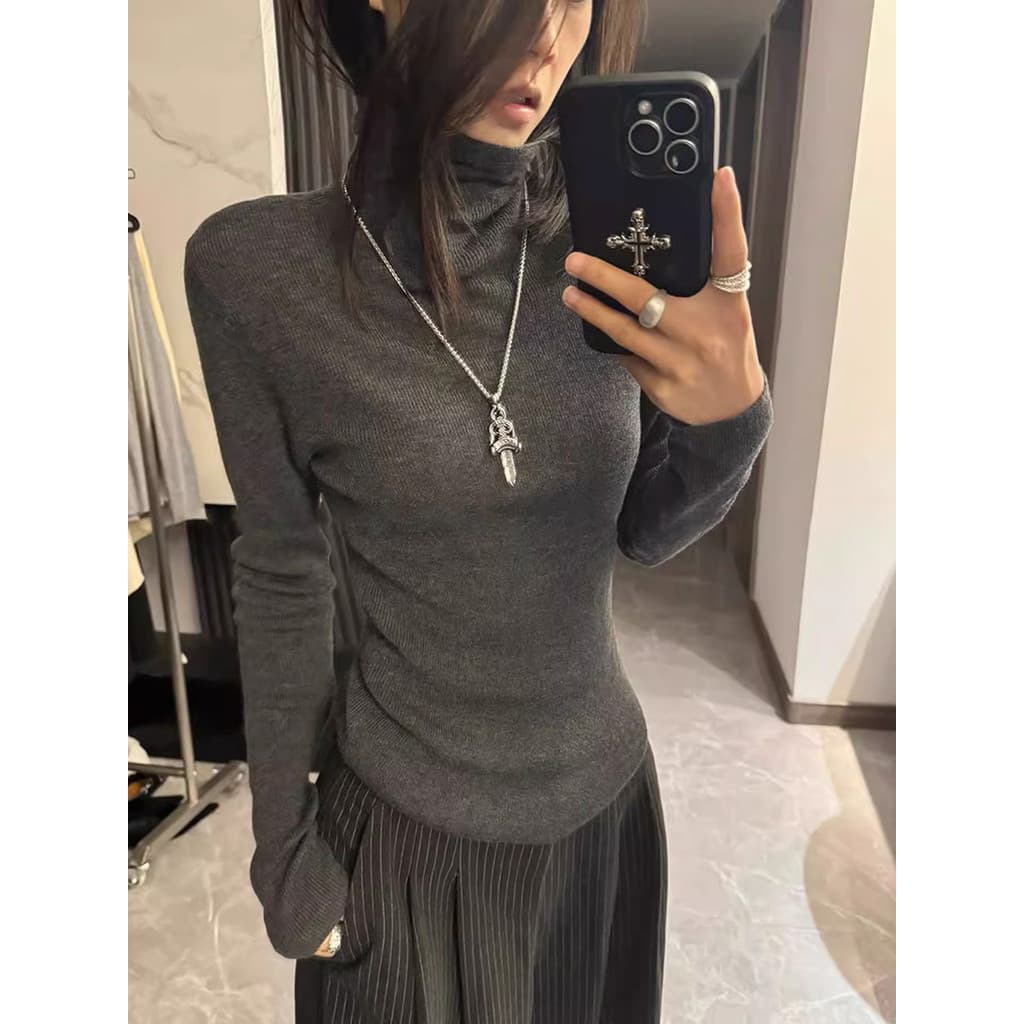 Cinza gola pilha malhas feminino High-End sentimento elegante camisola de fundo estilo fino fino ajuste outono inverno i