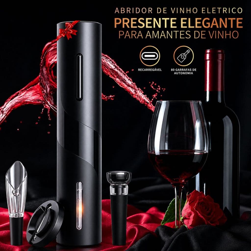 Kit Abridor de Vinho Elétrico Recarregável com Aerador Bomba a Vácuo e Cortador