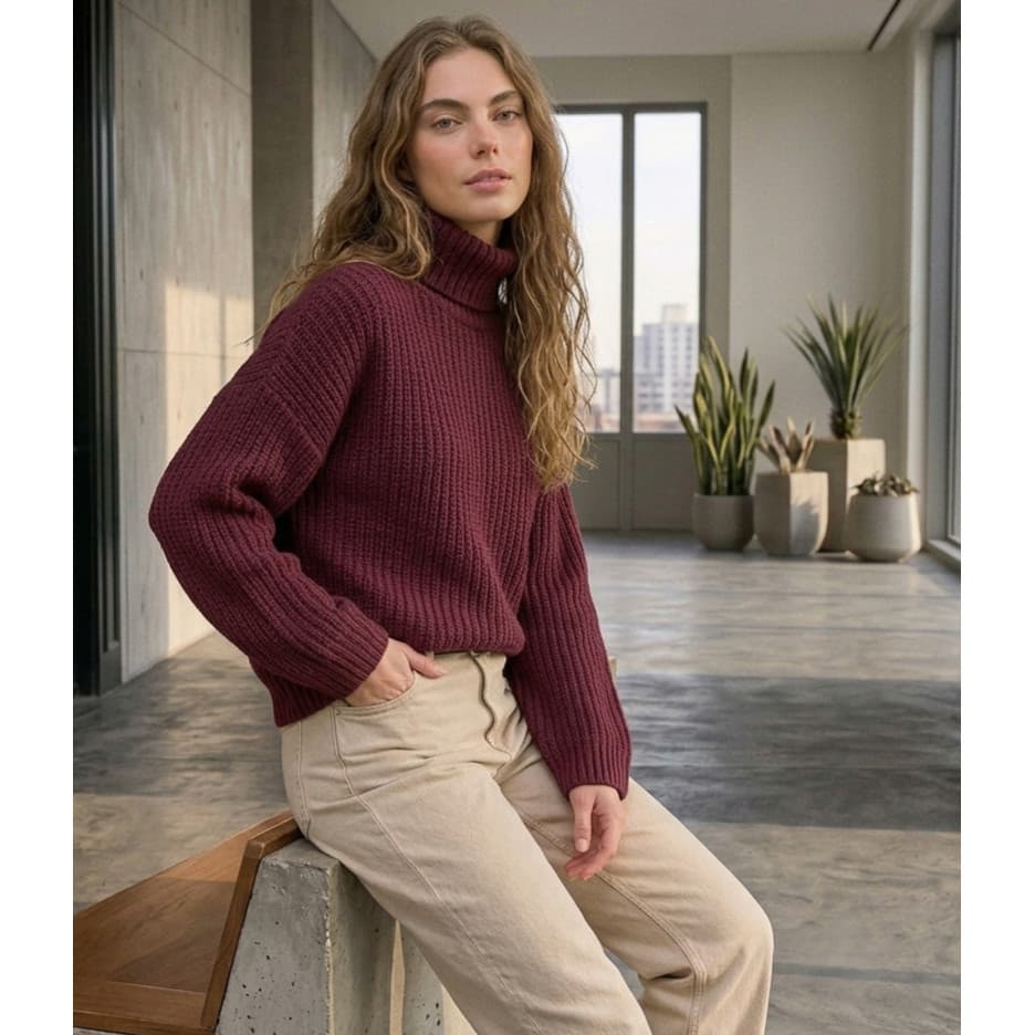 Blusa Feminina Tricô Mousse Gola Alta Oversized Manga Longa Confortável Inverno