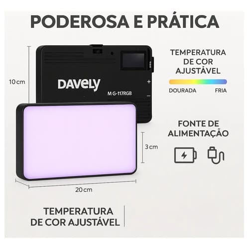 Iluminador Led Davely MLG-117RGB Portátil RGB Recarregável USB Tipo C 5V 5W Preto para Câmera Celular Suporte