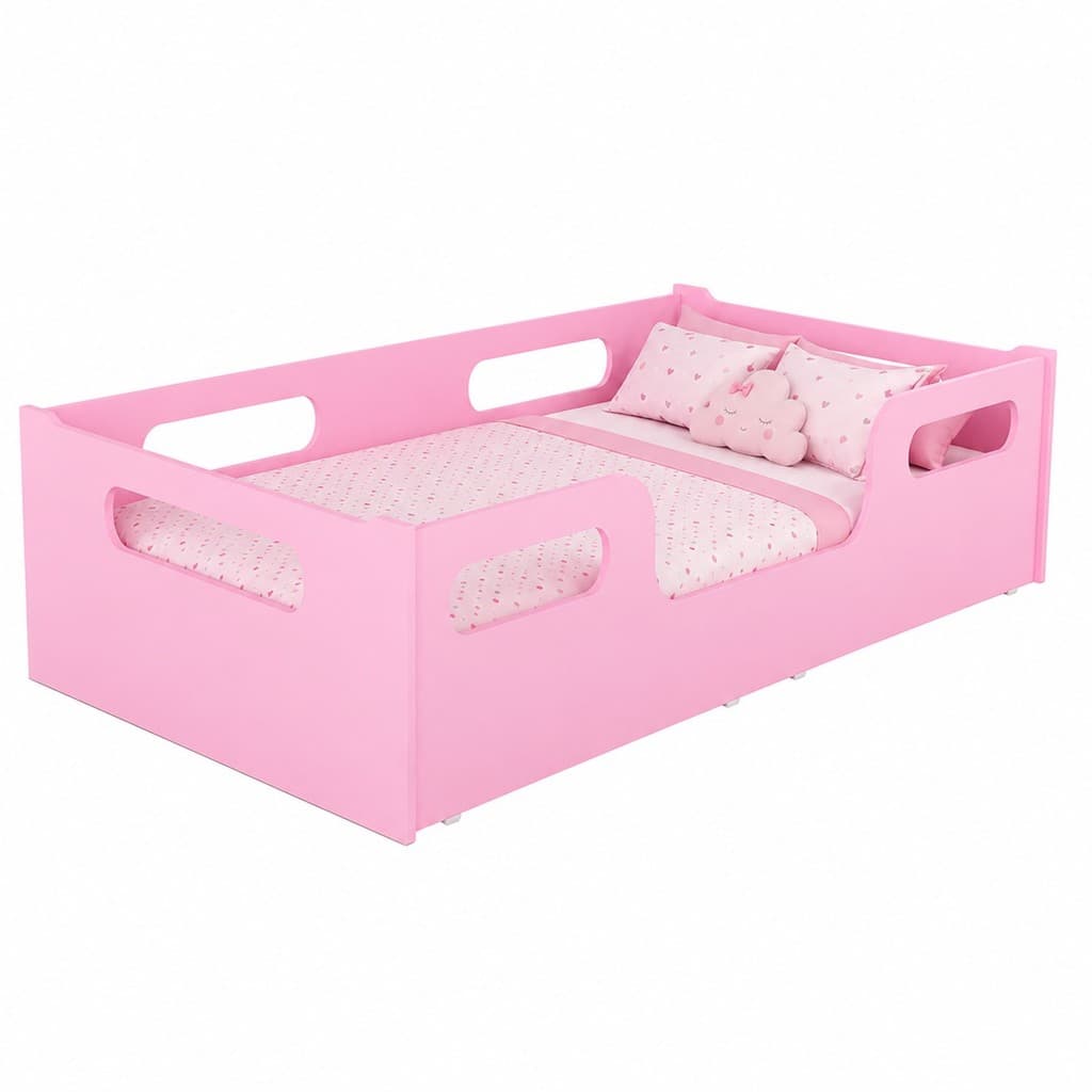 Cama Juvenil Rosa Sem Colchão Encanto Montessoriana Confortável Grade Segura MDF BELEZA RARA