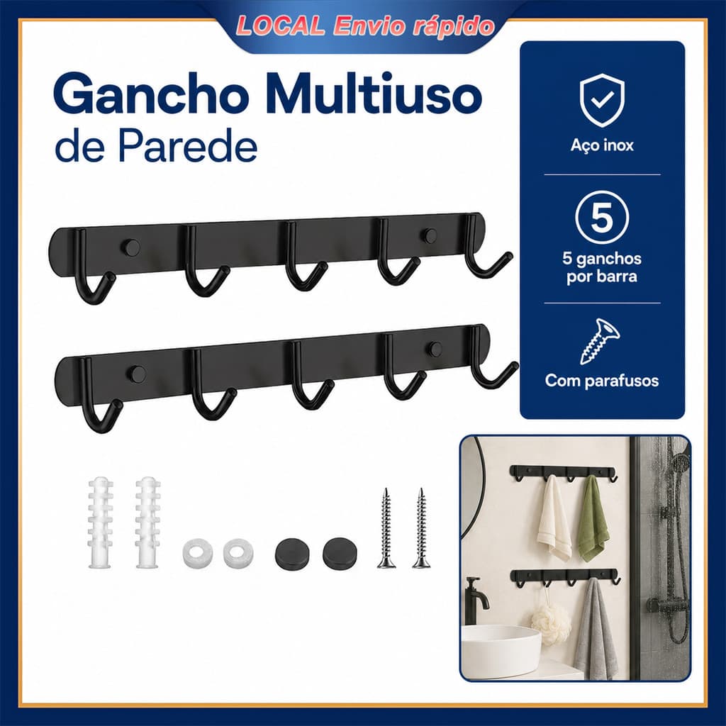 Organizador de Parede com Ganchos 2/4/6 Peças, Cabideiro Preto em Aço Inoxidável para Entrada e Quarto