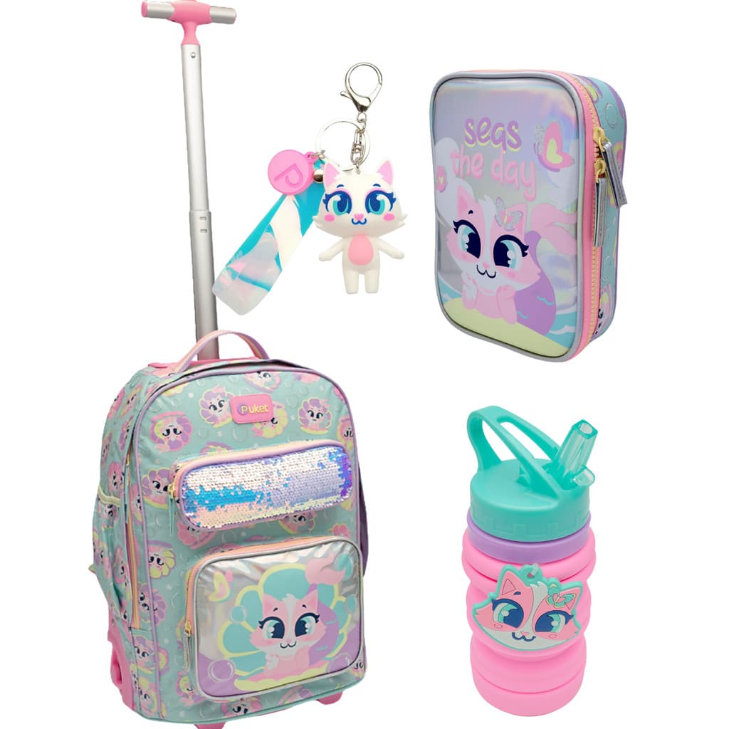 Kit Mochila de Rodinha Gata Sereia com Estojo e Garrafa Escolar Infantil Puket Original