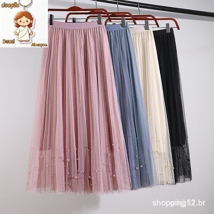 Saia de tule vintage com cintura alta elástica, um longo com pregued, tutu, bezerro JVVA