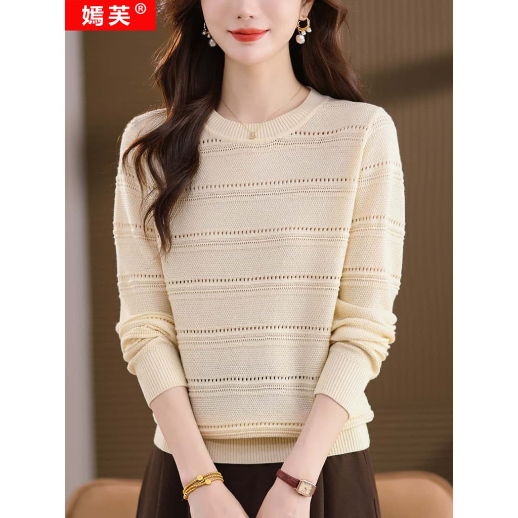 Yanfu suéter feminino de alta qualidade, primavera outono, suéter fino, gola redonda, pulôver curto, camisa de fundo, To