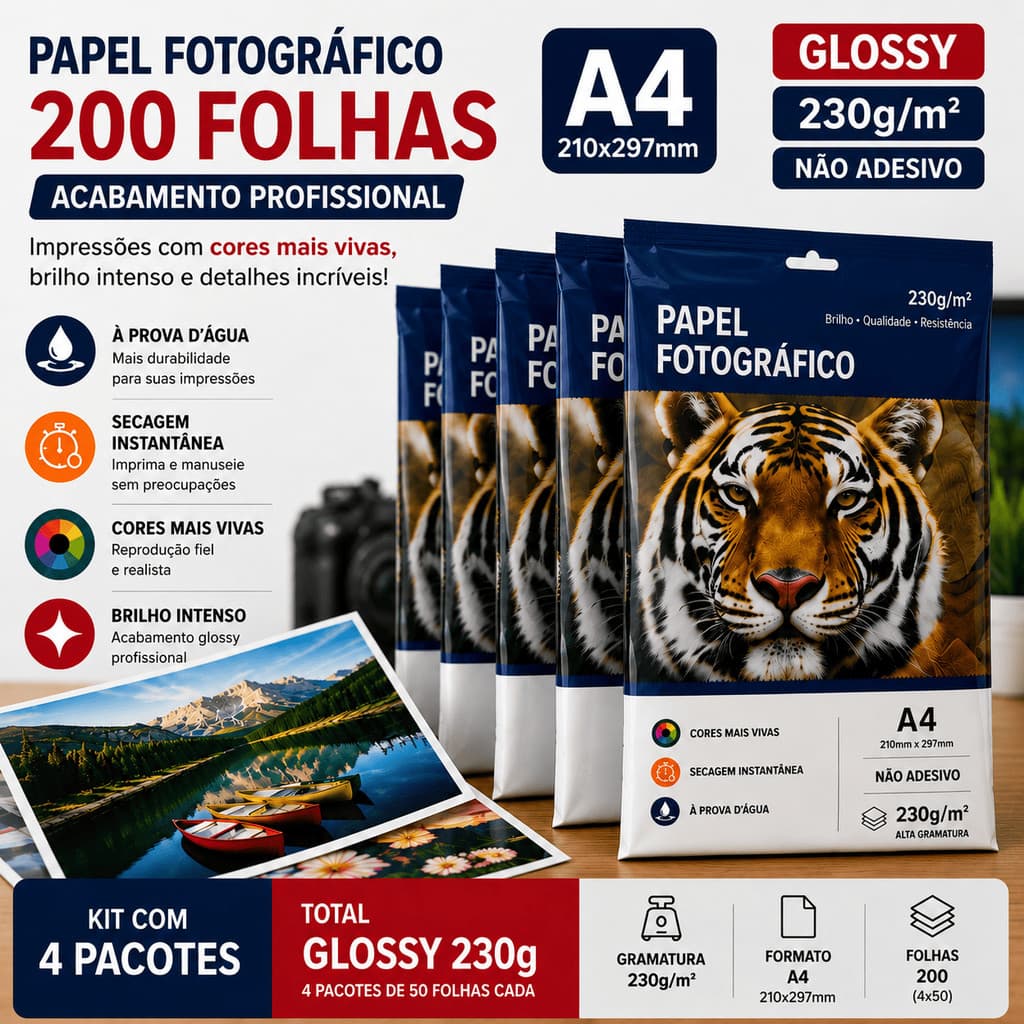 Papel Fotográfico A4 230g Glossy Brilhante a Prova Dagua Premium 200 Folhas