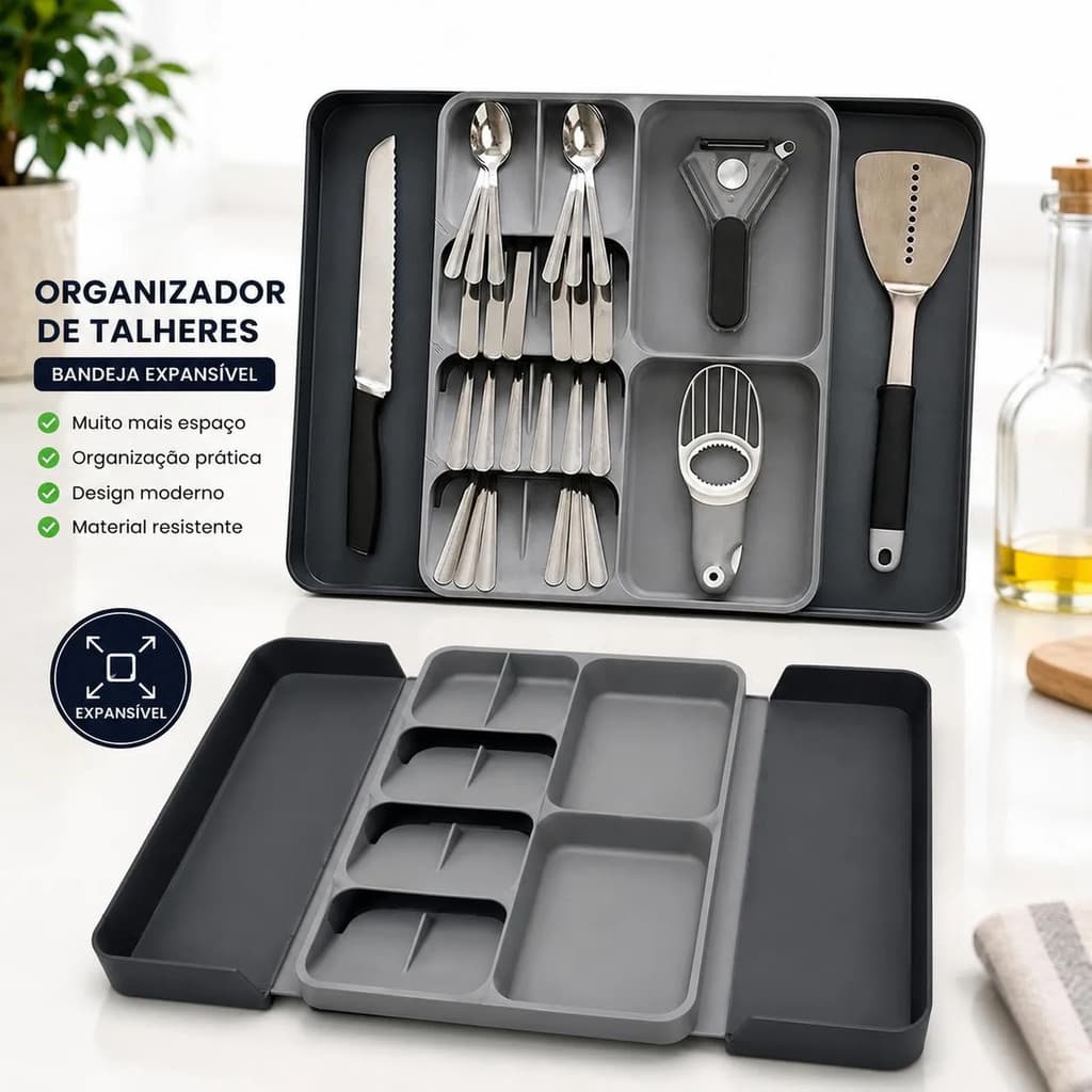 Organizador Porta Talheres Gaveta Cozinha Com Extensor Duplo Cinza/azul prático