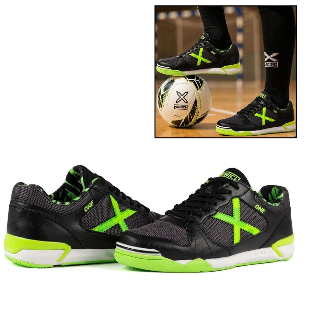 Chuteira Futsal Munich One Original - Leve, Resistente e Confortável  Preta/Verde MK-10