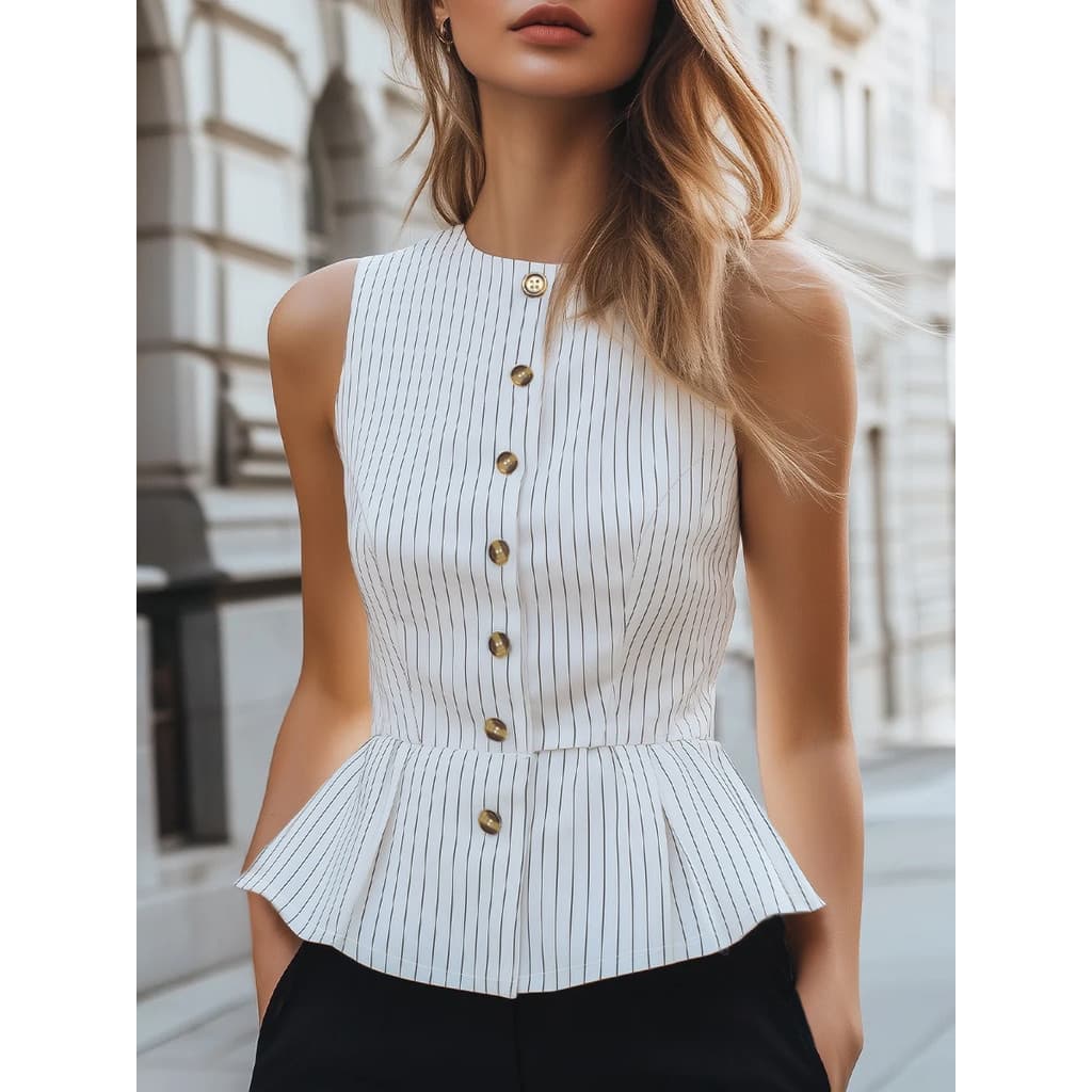 Regata listrada sem mangas, estilo europeu e americano, casual feminino, nova coleção 2026 para férias, blusa elegante.