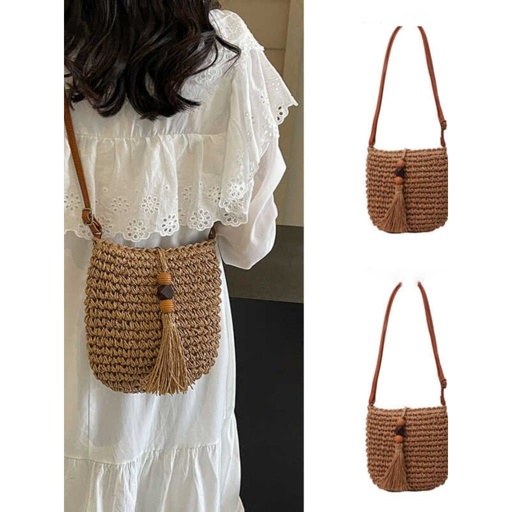 Bolsa de palha tecida feminina 2026 novo estilo moda verão All-Match nicho Cross-corpo francês beira-mar férias praia sa