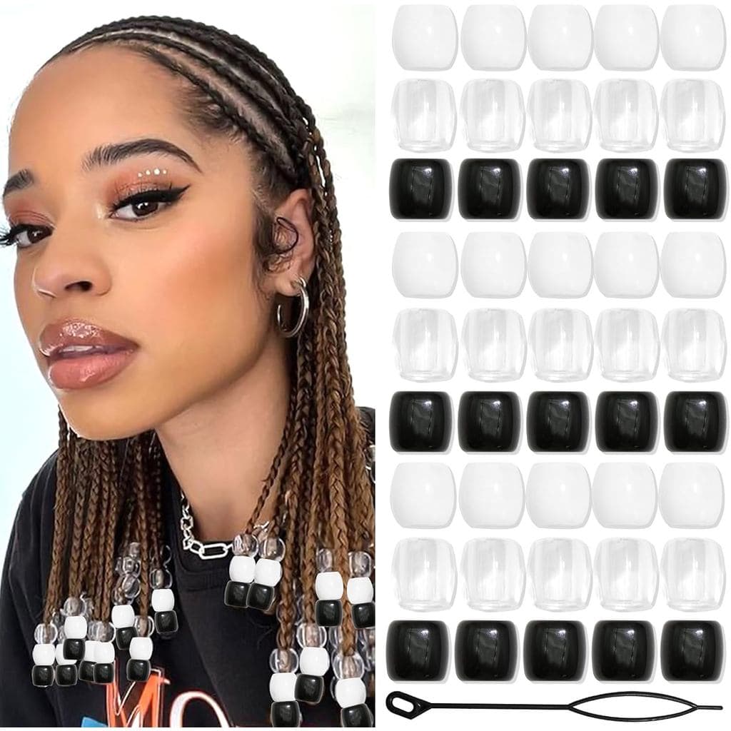 48 Peças de Contas para Cabelo em Preto e Branco, Grandes Contas para Dreadlocks, Acessórios para Tranças de Acrílico, J