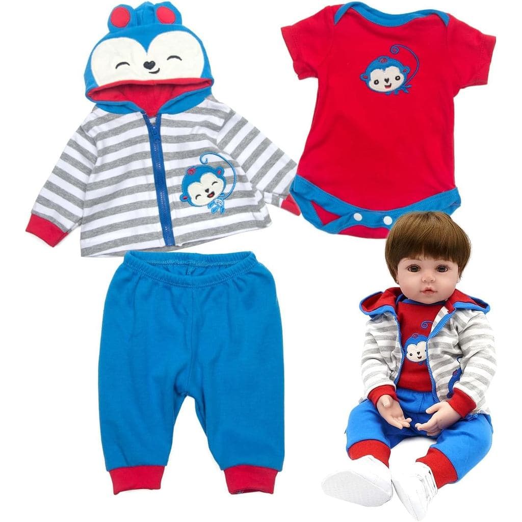 Roupas para Boneco Reborn Menino de 17-18 Polegadas, Conjunto Macaco Azul, Acessórios para Boneco Reborn, 3 Peças