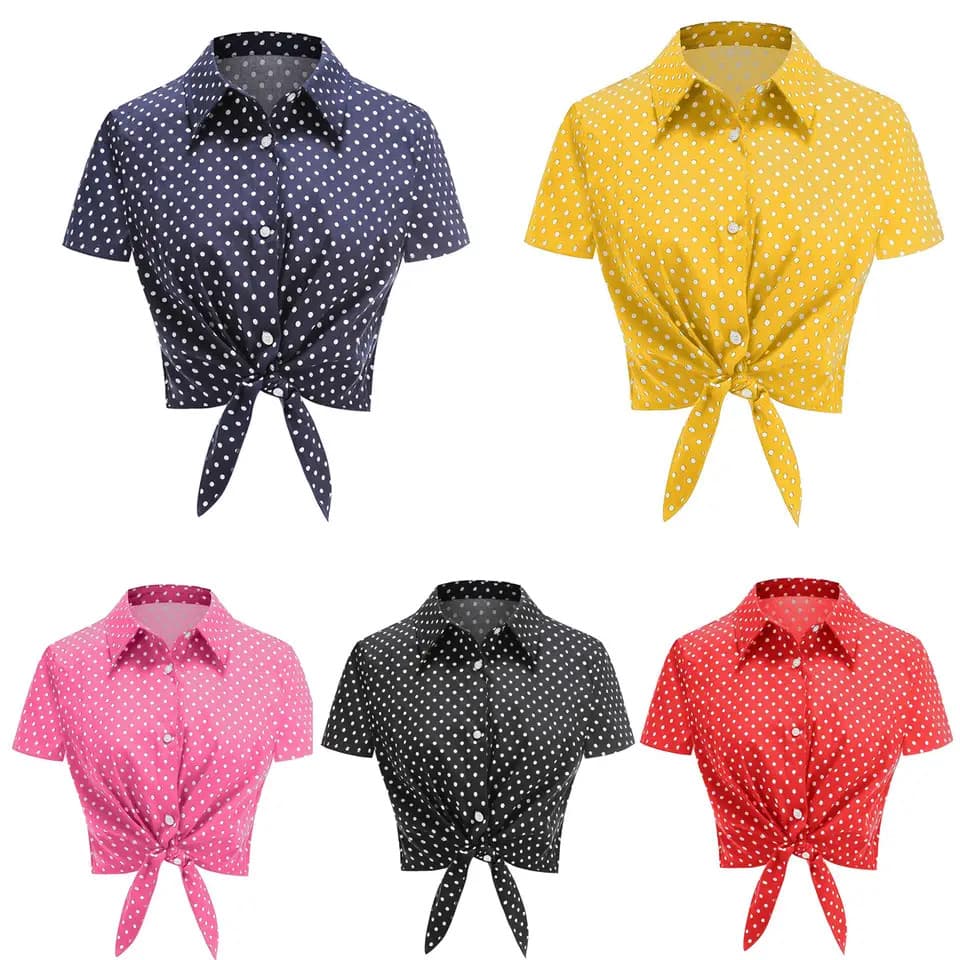 Único Breasted Impressão Feminina Vintage Casual Blusa Recortada Bolinhas Manga Curta Fino Ajuste Boêmio Camisas De Fest