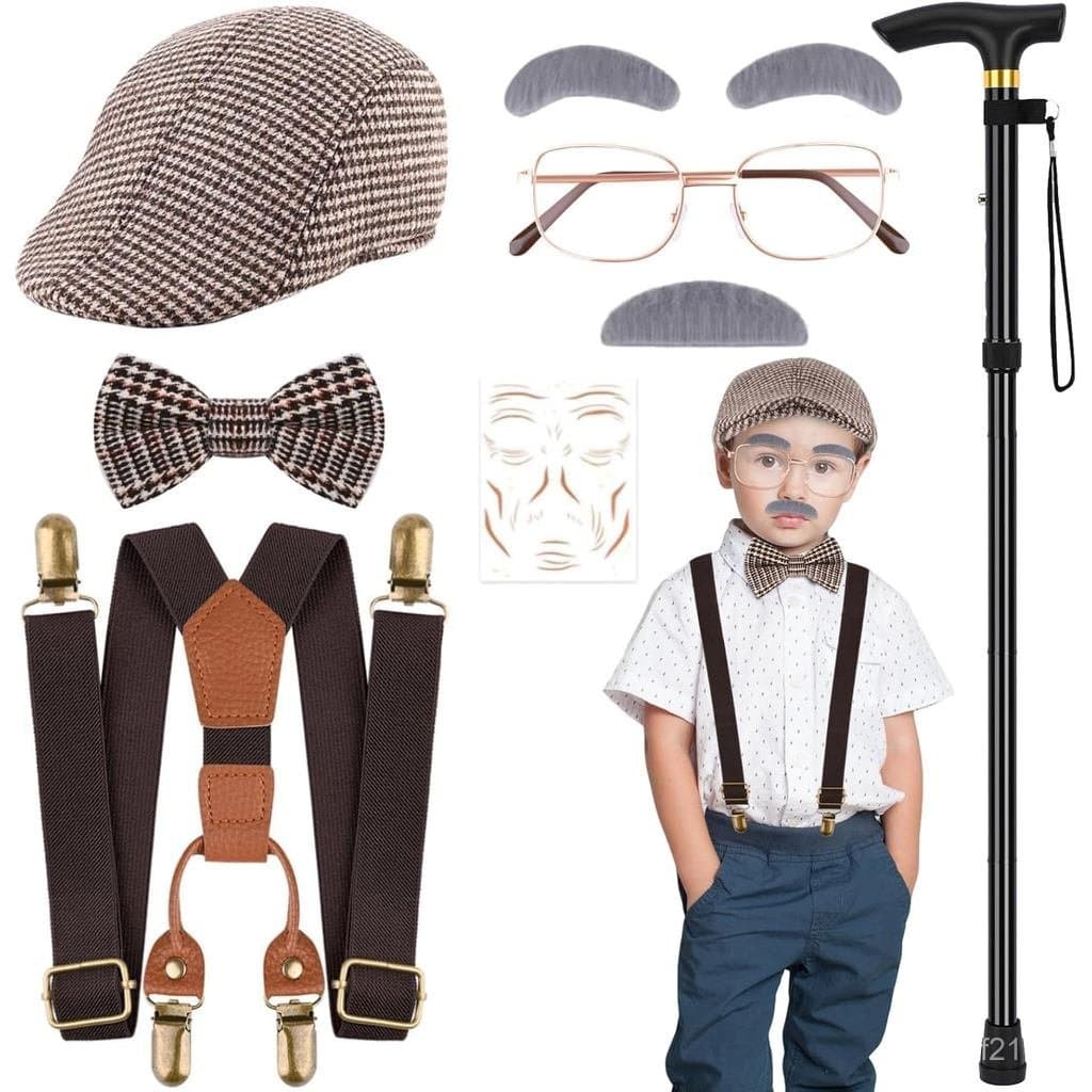 8 Peças de Fantasia de 100 Dias de Escola para Meninos, Conjunto de Fantasia de Velho para Crianças, Fantasia de Avô par