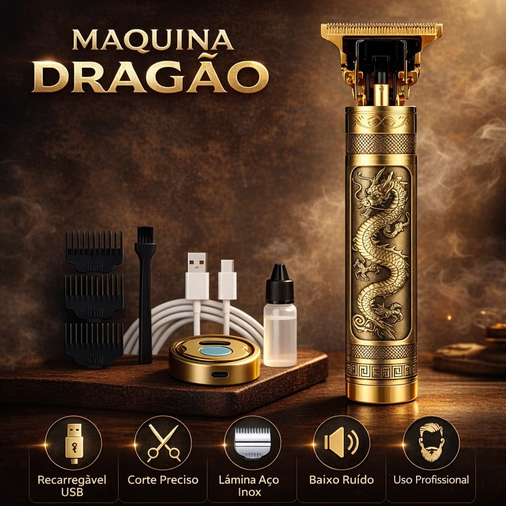 Maquininha Profissional Sem Fio Dragao Cabelo Barba Pezinho Lamina Ajustavel Corte Preciso