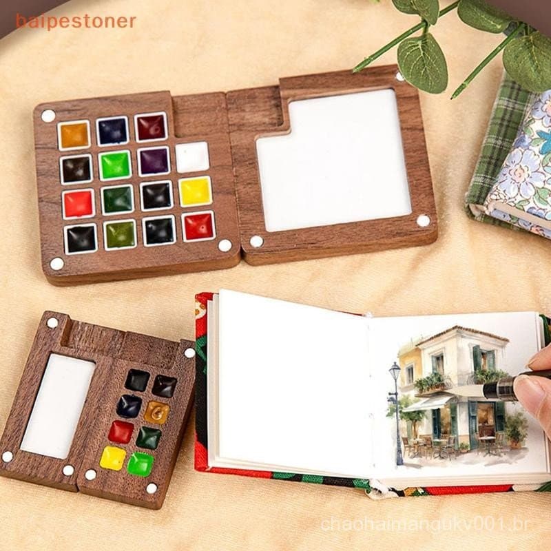 [baipestoner] Paleta De Aquarela De Madeira De Nogueira Caixa De Pintura Portátil Com Clipe Bandeja De Viagem Materiais