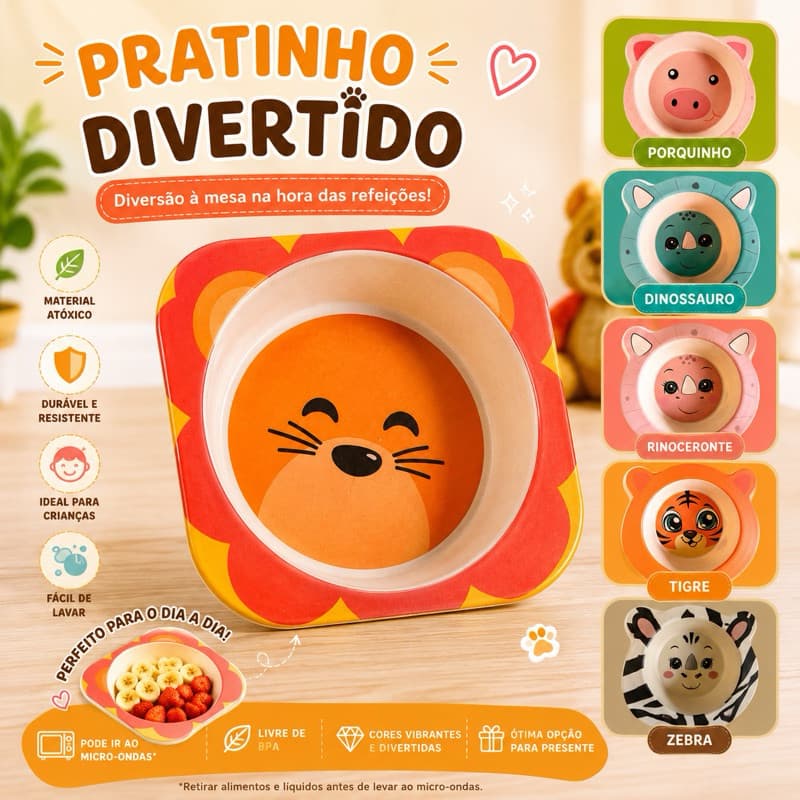 Pratinho Infantil de Bambu Animais | Livre de BPA | Tigre Zebra Dinossauro Porquinho.