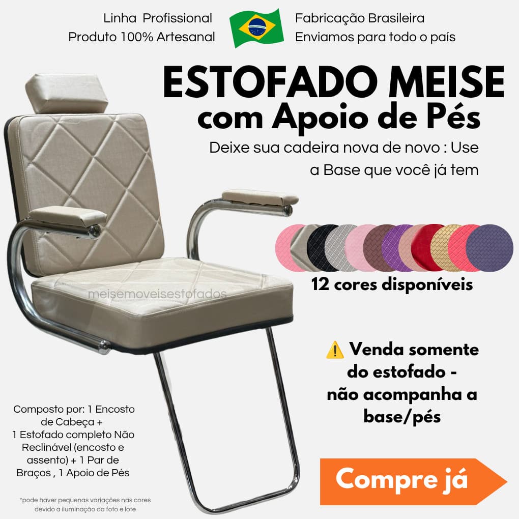 Kit Estofado Cabeleireiro Encosto + Assento + Braços + Apoio de Pés 12 Cores Salão Barbearia