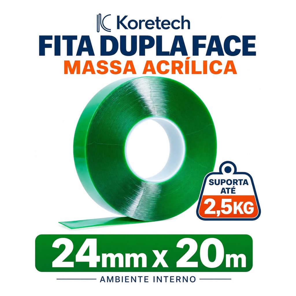 Fita Dupla Face Acrílica 24mm X 20m Koretech Fixação Objetos acessórios veiculares