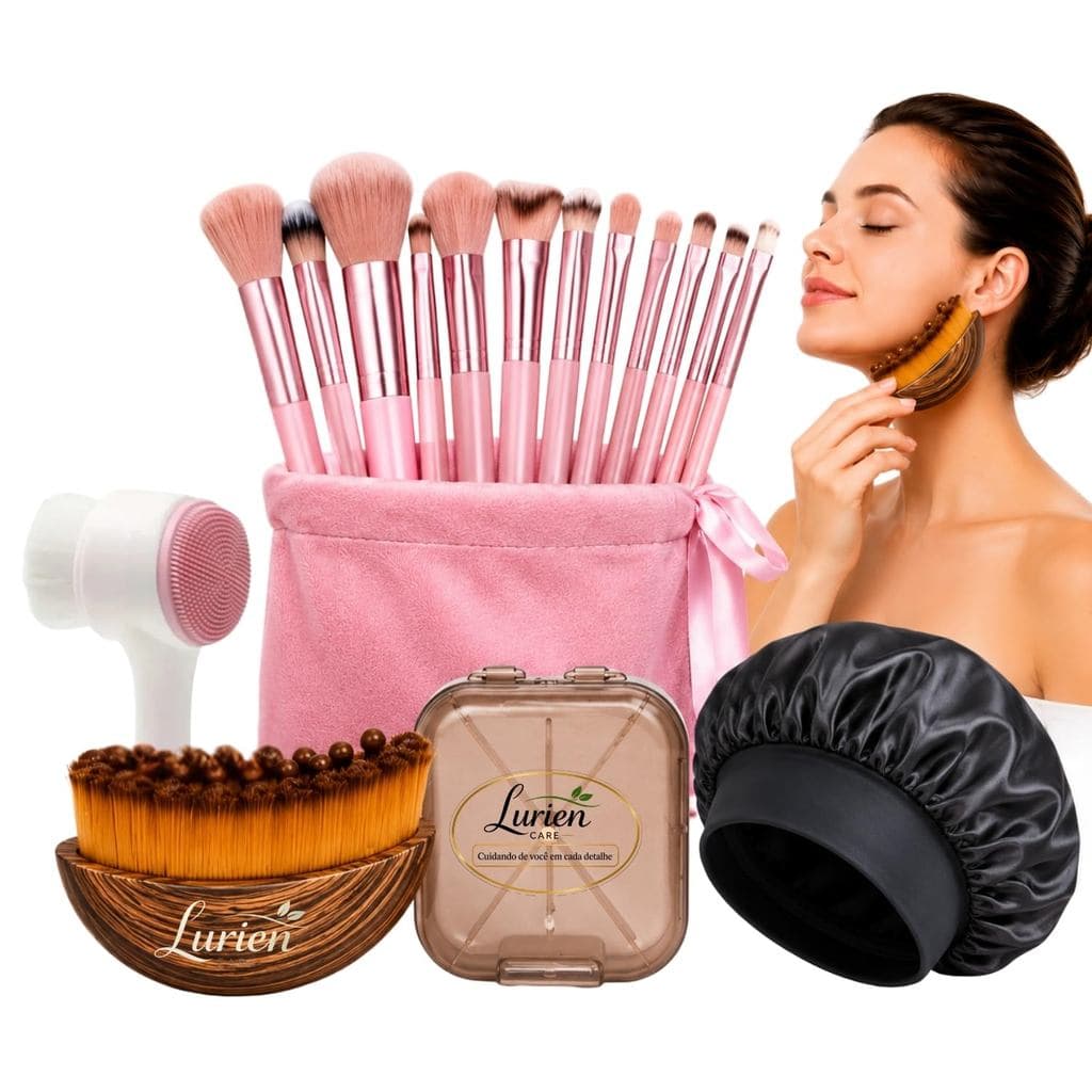 Kit Skincare Completo Lurien Care com Escova de Limpeza Facial Dupla Face + 13 Pincéis de Maquiagem + Escova de Drenagem
