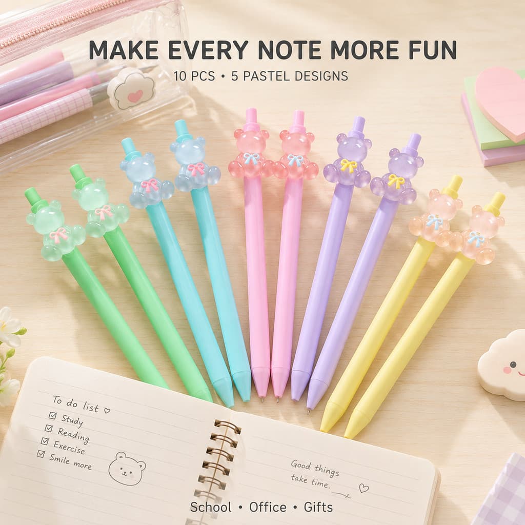 10 Pçs Conjunto De Canetas De Urso Bonito Pastel Kawaii Retrátil Clique 3D Topper Estudante Escola Escritório Papelaria