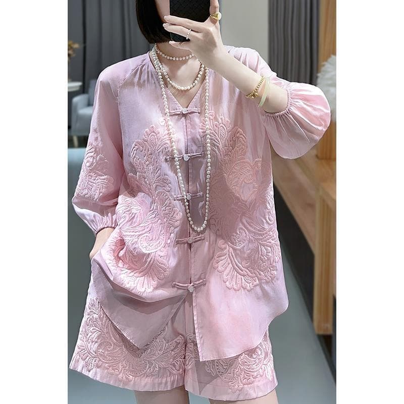 [Novo produto] Novo terno estilo chinês Hanfu feminino estilo chinês bordado Top + Shorts verão High-End Zen Tang terno