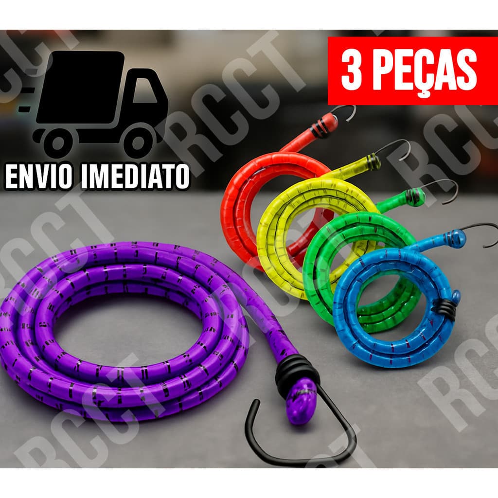 Kit 3 Corda Elástica para Moto Bagageiro 1,50m com Gancho de Metal Reforçado Multiuso