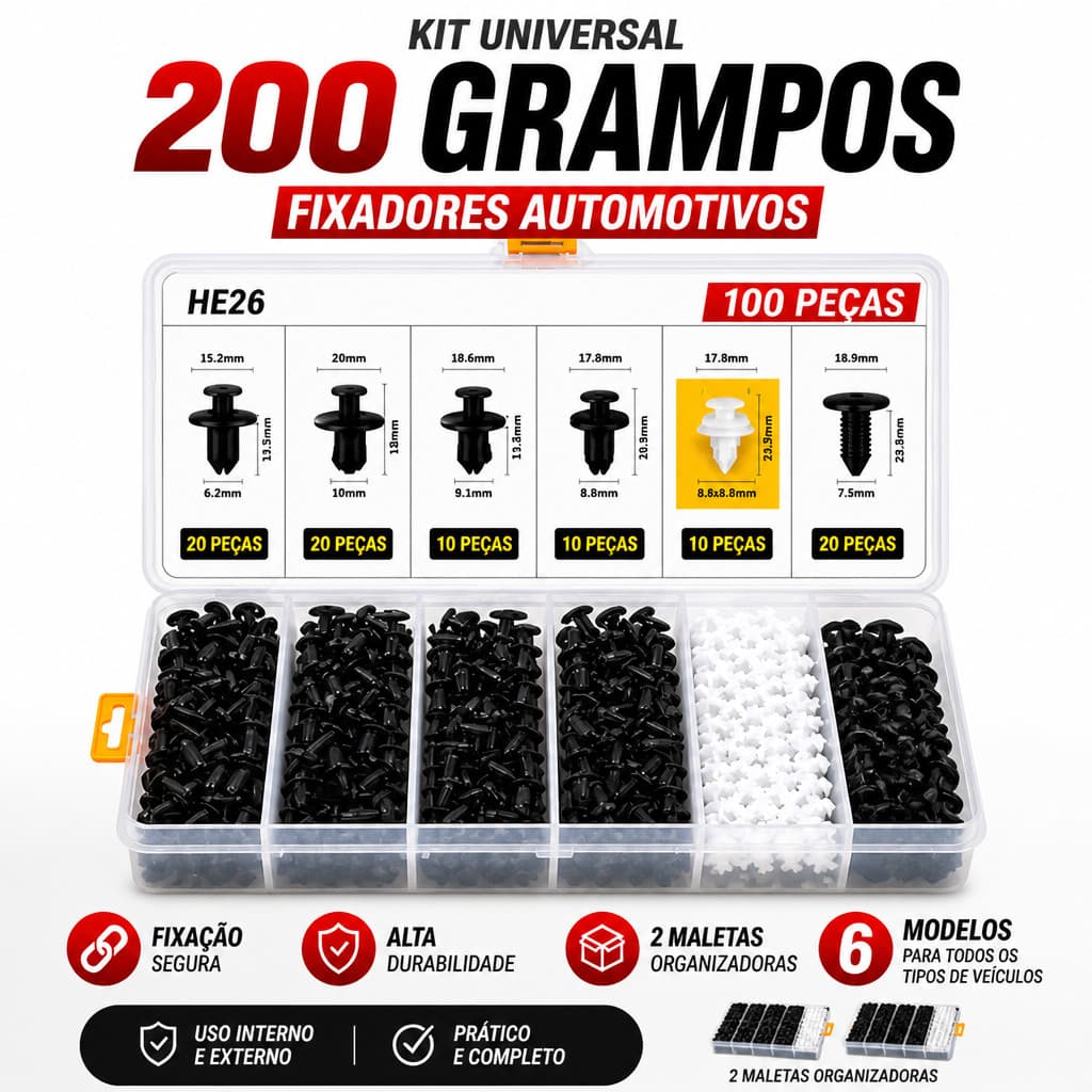 Kit 200 Rebites Plásticos Automotivos Universal Presilhas Para Painel Porta