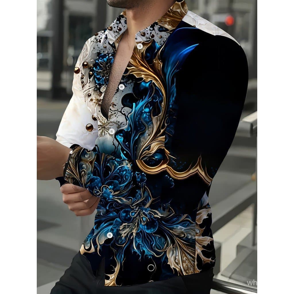 Camisa masculina casual de manga comprida com estampas exclusivas, perfeita para todas as quatro estações, adequada para