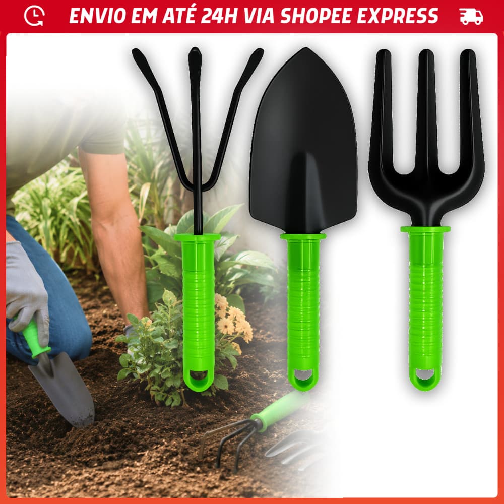 Kit Ferramentas Jardinagem 3 Peças Pá Garfo Rastelo Jardim