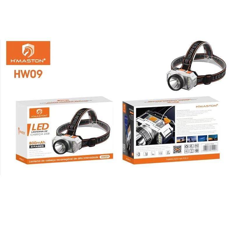 Lanterna de Cabeça Recarregável H´Maston HW09 - Luzes Laterais Profissional