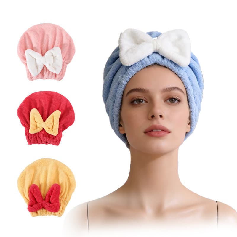 Touca de banho de lã Coral, touca de cabelo seco, laço, dupla face, pelúcia, à prova d'água, cuidados com o cabelo, cabe