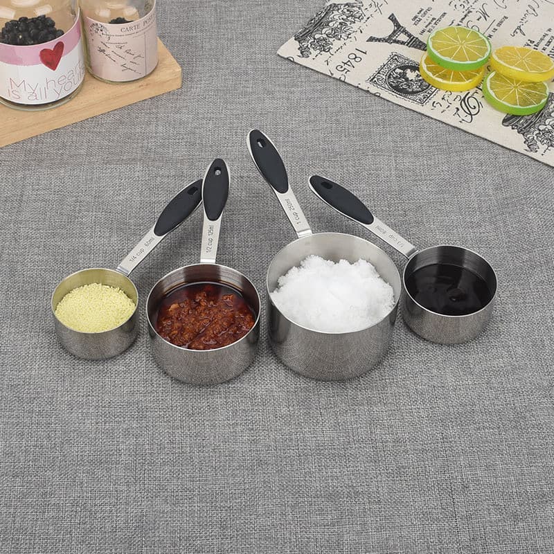Conjunto de Colheres e Copos Medidores de Aço Inoxidável, Cabo de Silicone com Escala, Conjunto de 4 Colheres Medidoras,