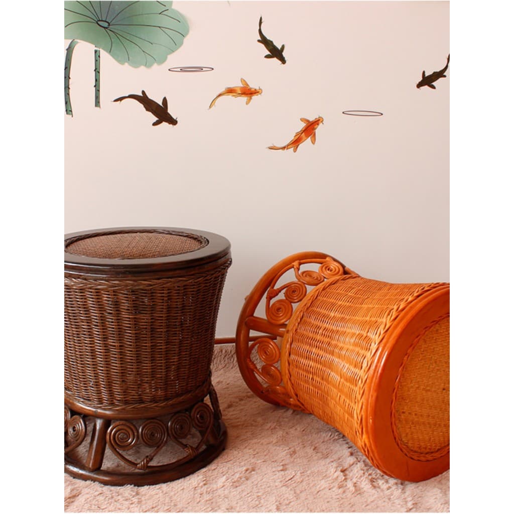 Banqueta de tambor de vime Varanda doméstica Pequeno banco baixo Planta Natural Cais de tambor de vime Rattan Real Pier